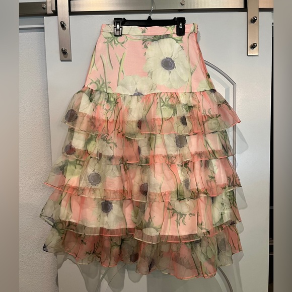 Cynthia Rowley Dresses & Skirts - Cynthia Rowley pink and green Ang white poppy Floral Tiered Ruffle organza Skirt